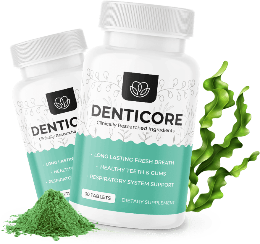 Two bottles of DentiCore with natural oral health ingredients